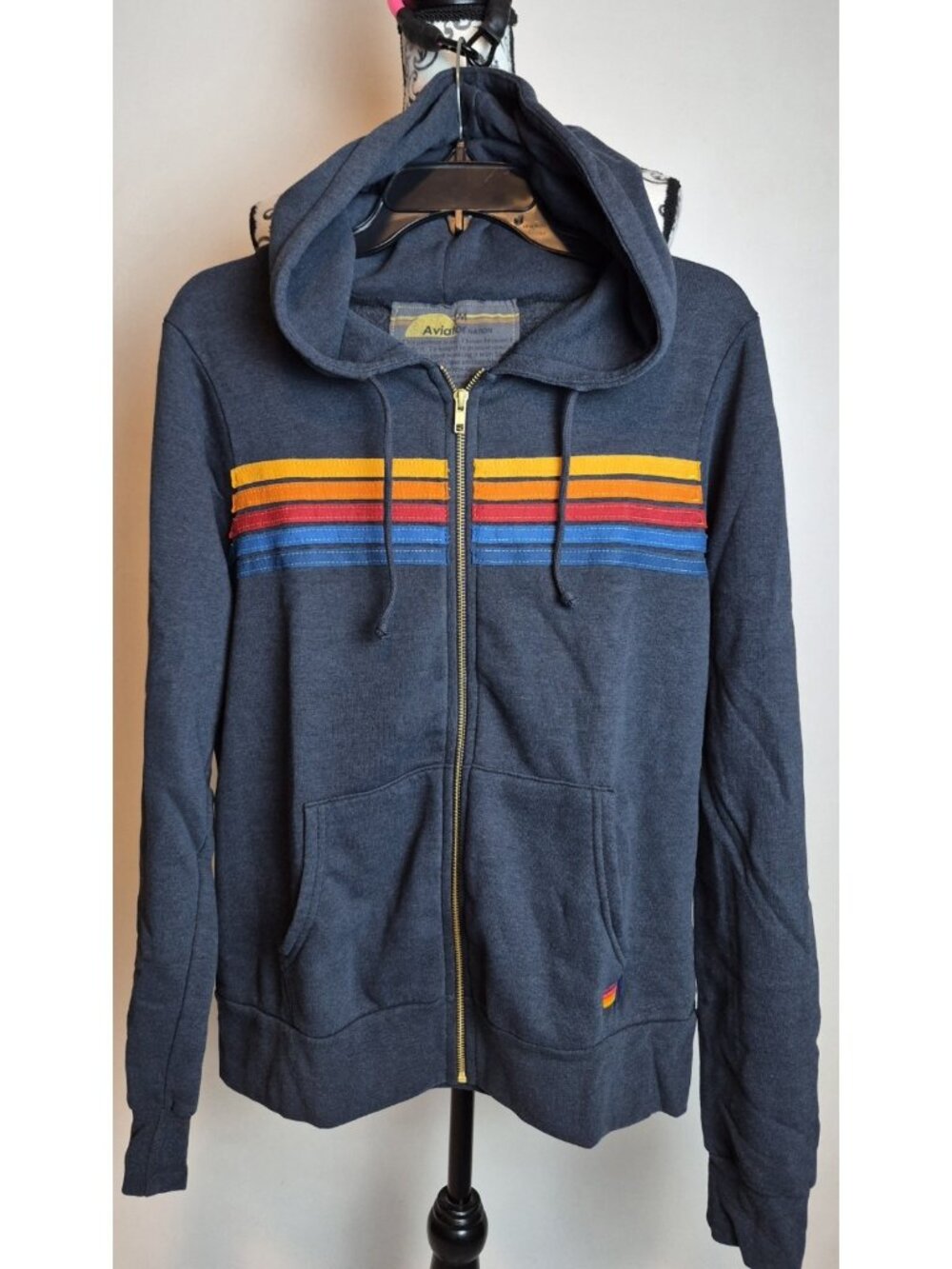 AVIATOR NATION Zip Up Hoodie Unisex 5 Stripe Sweatshirt Grey Size M